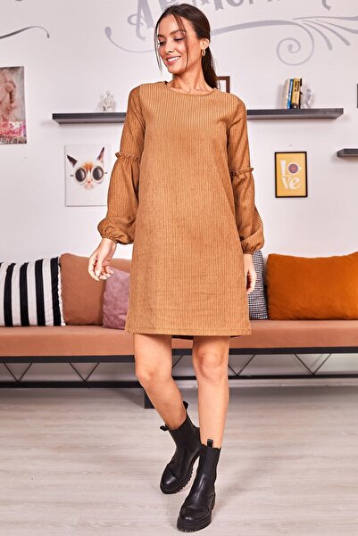 armonika Rochie de damă din catifea balon cu mâneci maro deschis ARM-20K001107