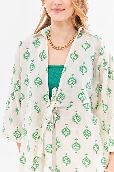 armonika Cămașă kimono midi din in verde cu model - cravată în față, ARM-24Y001096