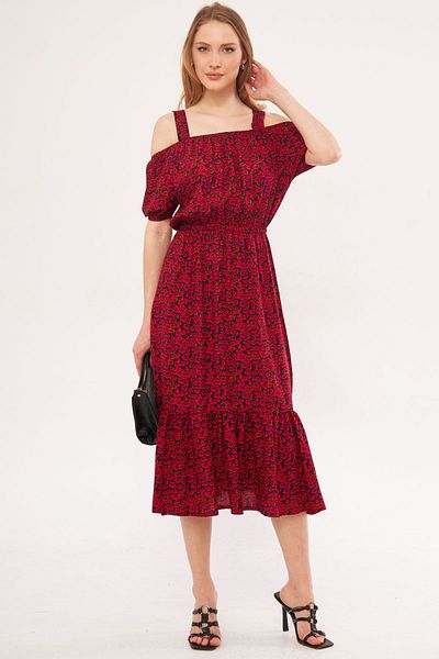armonika Fuchsiafarbenes Damenkleid mit kariertem Blumenmuster, Trägern und elastischer Taille ARM-21K001202