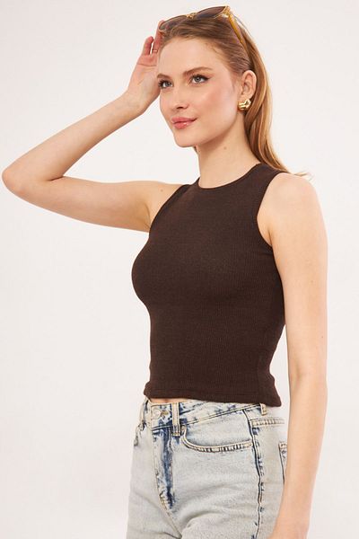 armonika Women's Brown Crew Neck Sleeveless Ribbed Blouse ARM-24Y133005