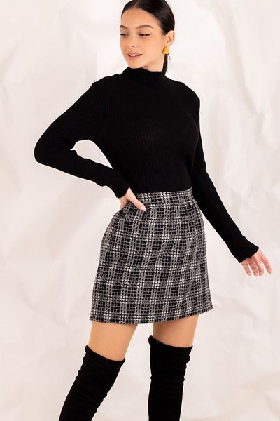armonika Fustă scurtă pentru femei, gri, în carouri, cu talie elastică ARM-20K001096