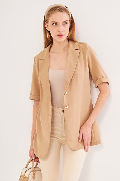 armonika Women's Oversize Mink Jacket - Short Sleeve, Two Buttons, ARM-24Y001086