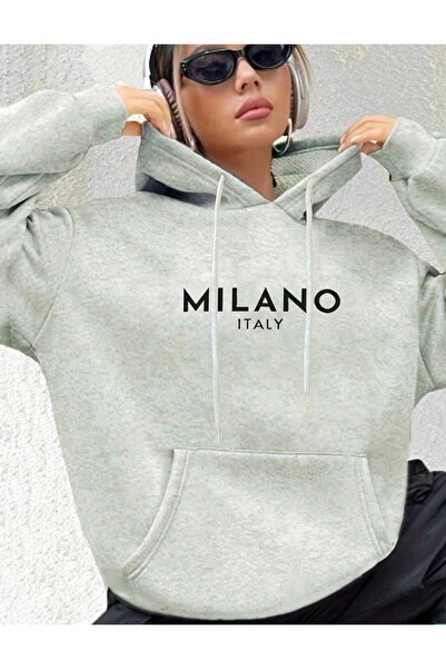 CAST COLLECTİON سويت شيرت نسائي كبير الحجم مكتوب عليه رمادي ميلانو