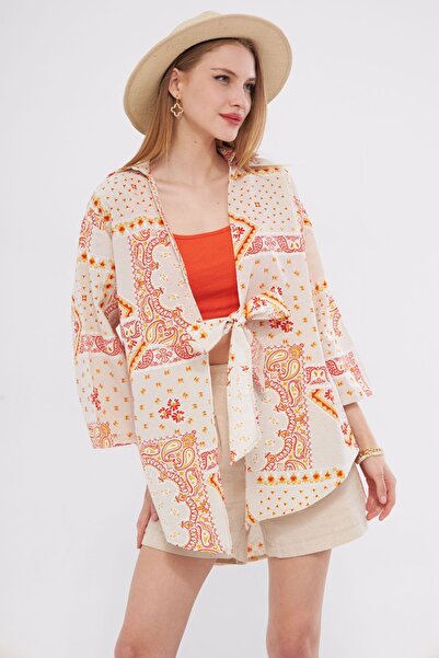 armonika Yellow Patterned Linen Kimono Shirt - Front Tie, ARM-24Y001079