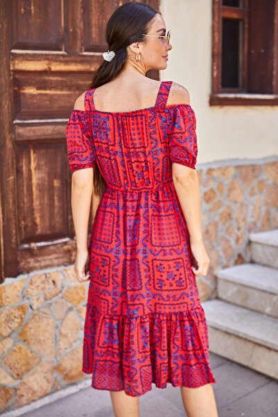 armonika Kadın Mercan Kareli Çiçek Desenli Askili Beli Lastikli Elbise