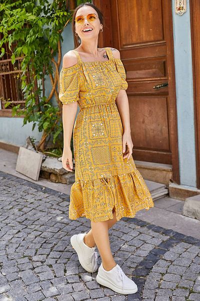 armonika Senffarbenes, kariertes, floral gemustertes, geschnürtes Kleid mit elastischer Taille für Damen ARM-21K001202