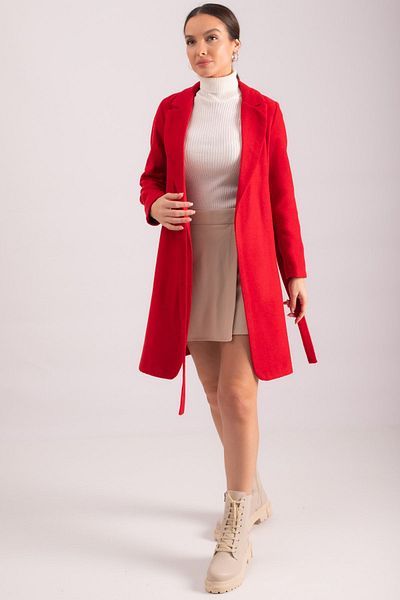 armonika Women's Red Side Tie Long Stamp Coat ARM-24K001068