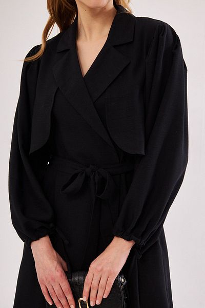 armonika Dámský černý trenčkot Ennea s rukávy Skládaný krajkový rukáv s páskem Detailní ARM-24Y001030