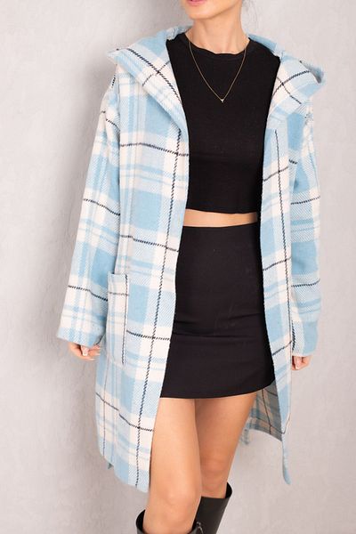armonika Dámský kašmírový kabát baby blue s páskem v pase s kapucí oversize ARM-24K001054
