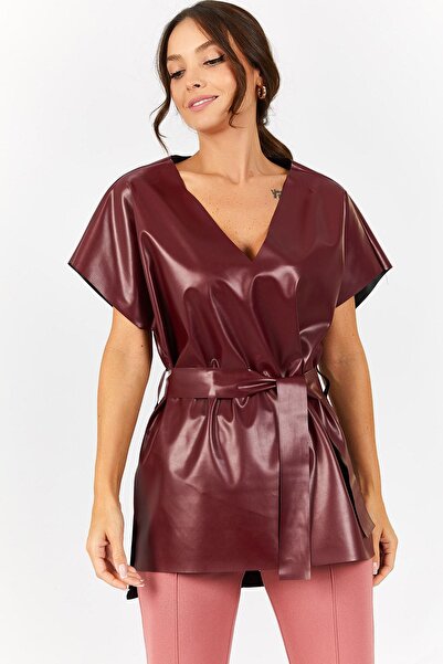 armonika Γυναικεία Claret Red Beck Δερμάτινη μπλούζα κοντή μπροστά και μακριά...