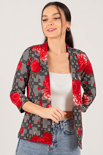 armonika Kadın Bordo Gül Desenli Duble Kol Ceket ARM-21K001172