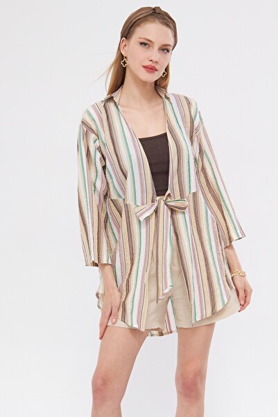 armonika Γυναικείο πουκάμισο κιμονό σε μπεζ στάμπα - γραβάτα μπροστά, ARM-24Y...