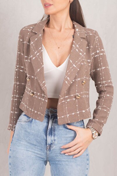 armonika Kadın Açık Vizon Kruvaze Yaka Tüvit Crop Ceket ARM-24K001014