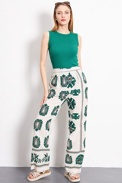 armonika Emerald Patterned Linen Palazzo Trousers - Pockets, ARM-24Y001069