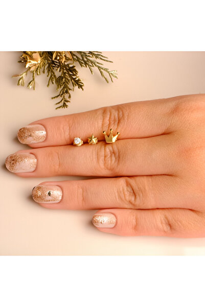 İNDİGO TAKI Taç Yıldız Tek Taş Üçlü Kombin Altın Kaplama Gümüş Küpe