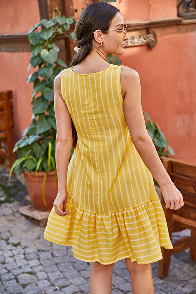 armonika Kadın Sarı Kolsuz Eteği Fırfırlı Çizgili Elbise ARM-19Y001101