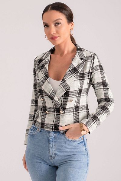 armonika Women's Light Mint Double Breasted Collar Tweed Crop Jacket ARM-24K001014