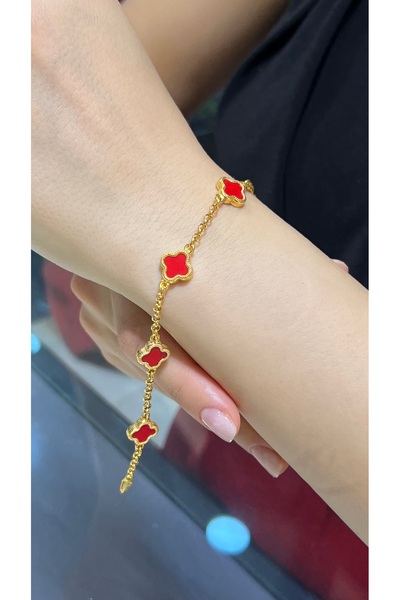 kuyumcu nurettin 7.50 gr (Gram) Yonca Desenli Kırmızı Renkli Künye Bileklik 22 Ayar Altın