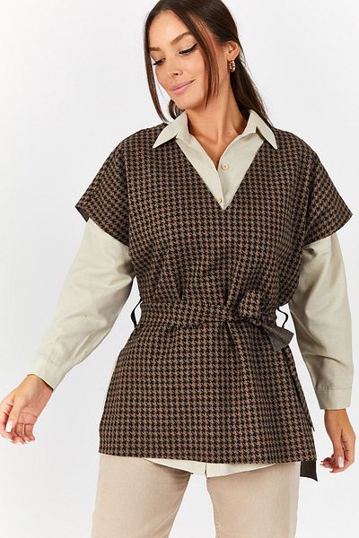 armonika Női Mink kis houndstooth mintás nyakkendő derék V-nyakú pulóver ARM-21K001070