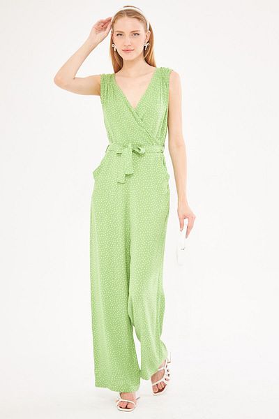 armonika Pistachio Green Double Breasted Jumpsuit - Shoulder Detail, V Belt, Long Cut ARM-24Y001049