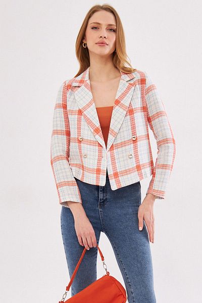 armonika Jachetă crop din tweed cu guler dublu portocaliu-albastru pentru femei ARM-24K001014