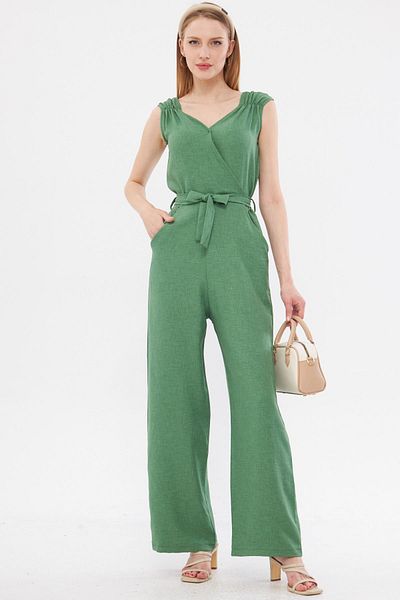 armonika Green Double Breasted Collar and Shoulder Detailed V Belted Long Women's Jumpsuit - ARM-24Y001049