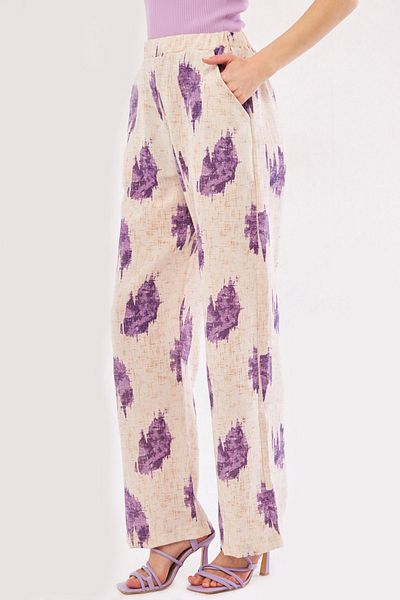 armonika Women's Purple Ena Trousers with Elastic Waist and Pocket Detail Linen Look Wide Leg ARM-24Y001021