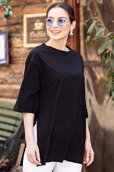 armonika Γυναικείο μαύρο μπλουζάκι με στρογγυλή λαιμόκοψη και φαρδύ μανίκι με...