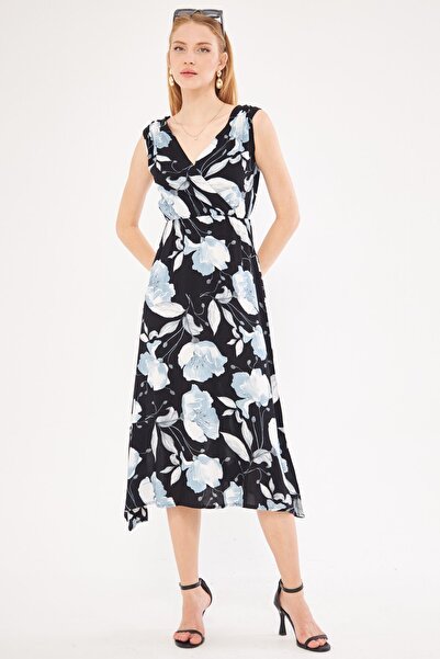 armonika Black-Grey Patterned Double Breasted Collar Midi Dress - Waist and Shoulder Elastic ARM-24Y001052