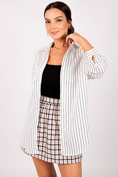 armonika Kadın Koyu Lacivert Çizgili Oversize Uzun Basic Gömlek Arm-22Y001129