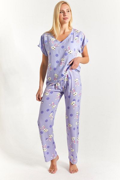armonika Set de pijamale pentru femei, cu model iepure liliac, pe partea de jos și în partea de sus, cu braț-23y001060
