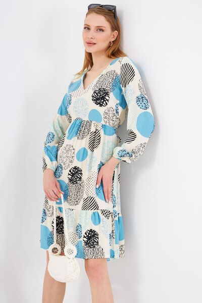 armonika Γυναικείο γαλάζιο φόρεμα με λαιμόκοψη V-λαιμόκοψη μακρυμάνικο φόρεμα...