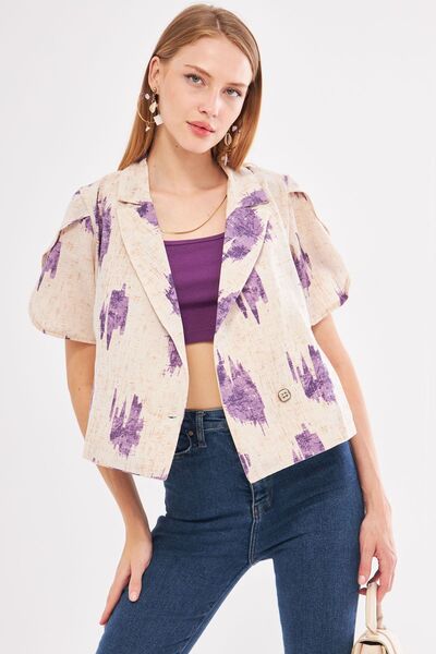 armonika Kadın Mor Keten Görünümlü Desenli Kolu Yırtmaçlı Crop Kısa Kol Ceket...