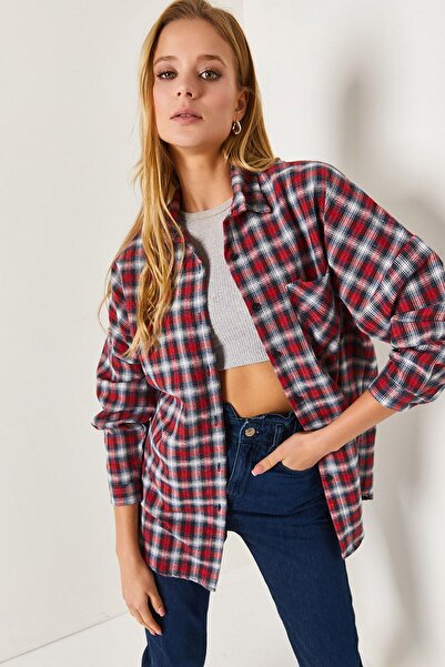 armonika Kadın Lacivert-beyaz Ekose Desen Oversize Gömlek Arm-22y001207