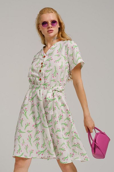 armonika Women's Fuchsia V-Neck Buttoned Elastic Waist Belted Flared Short Sleeve Dress ARM-23Y001093