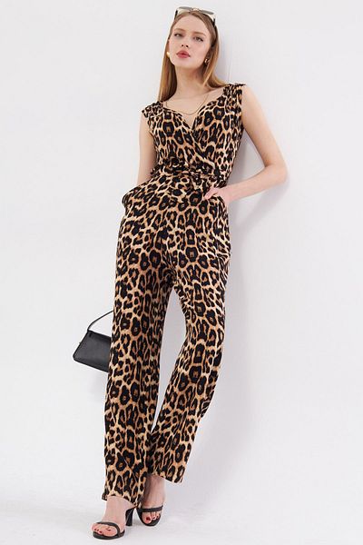 armonika Black-Beige Long Jumpsuit with Double Breasted Collar and Shoulder Detail - V Belted, ARM-24Y001049