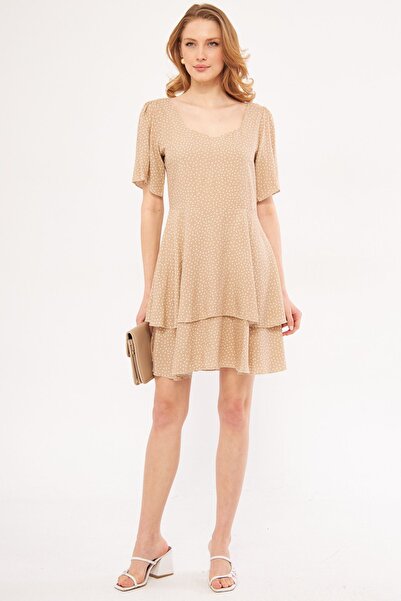 armonika Women's Beige Minus Dress Short Sleeve Skirt Layered Zippered Patter...