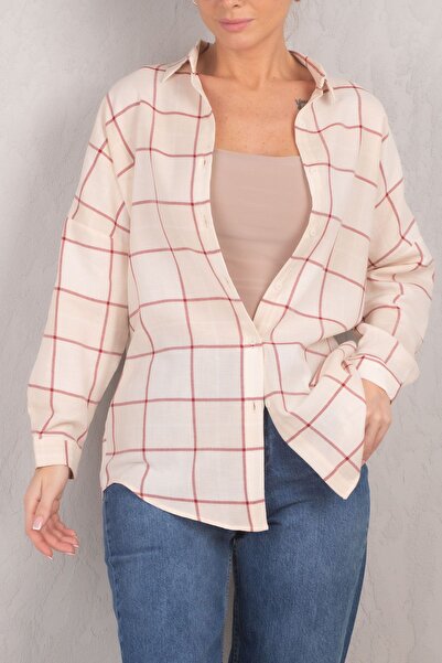 armonika Dámská krémová dlouhá základní košile se čtvercovým vzorem ARM-22Y001144