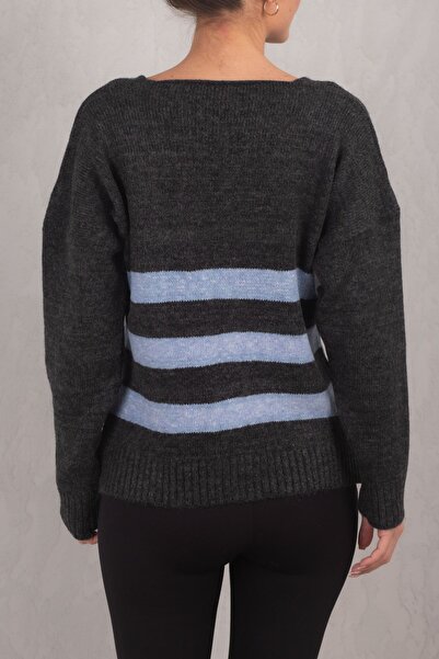 armonika Pulover de damă din tricot cu dungi, cu decolteu în V, afumat, ARM-24K012016