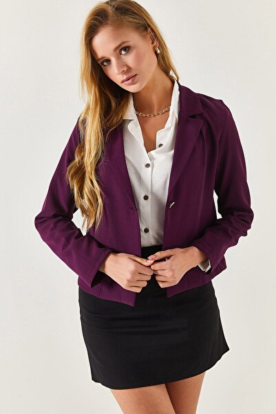 armonika Kadın Mor Tek Düğmeli Crop Ceket Arm-22y001237