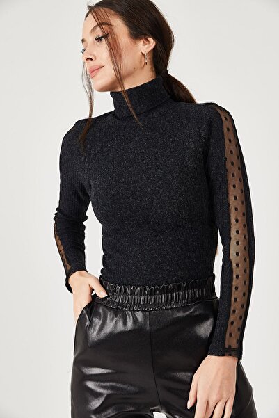 armonika Dámský černý krajkový svetr s rukávem u krku ARM-21K001056