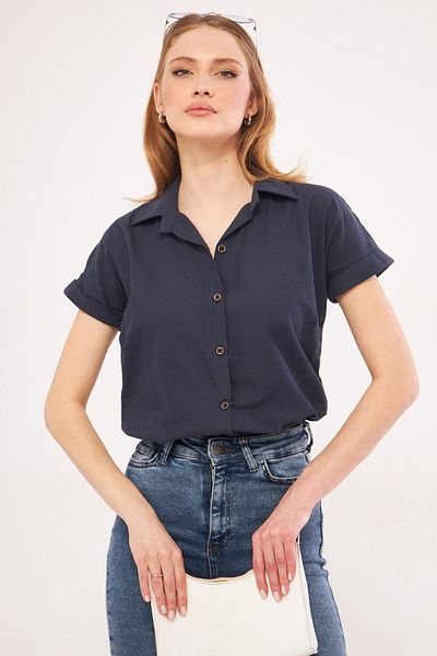 armonika Női sötétkék rövid ujjú vászon ing ARM-24Y001038