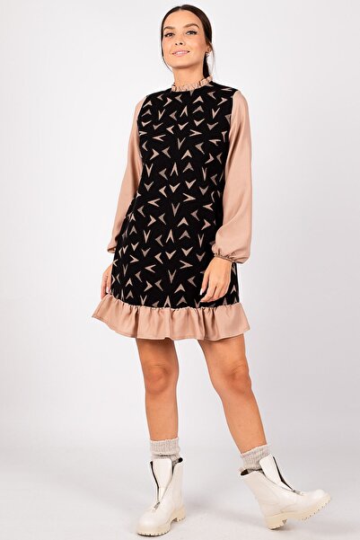 armonika Γυναικείο φόρεμα με μοτίβο μινκ με κολάρο και κάτω μπράτσο-22Y001165