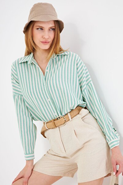 armonika Γυναικείο πράσινο ριγέ oversize μακρύ βασικό πουκάμισο ARM-24K001061