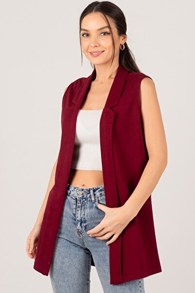 armonika Γυναικείο μακρύ γιλέκο Claret Red Collared ARM-20K001024