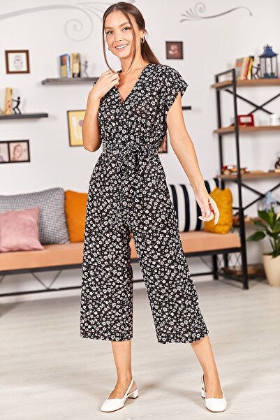 armonika Kadın Siyah Küçük Çiçekli Kruvaze Beli Kemerli Tulum ARM-22Y001099