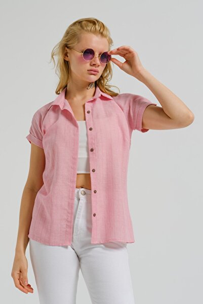 armonika Kadın Pembe Desenli Kısa Kol Gömlek ARM-22Y001052