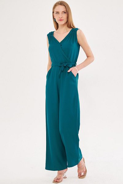 armonika Petrol Colored Long Women's Jumpsuit with Double Breasted Collar and Shoulder Detail - V Belted ARM-24Y001049