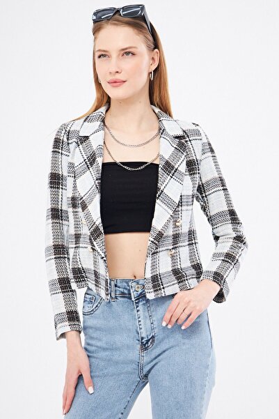 armonika Női világoskék duplasoros galléros Tweed Crop kabát ARM-24K001014