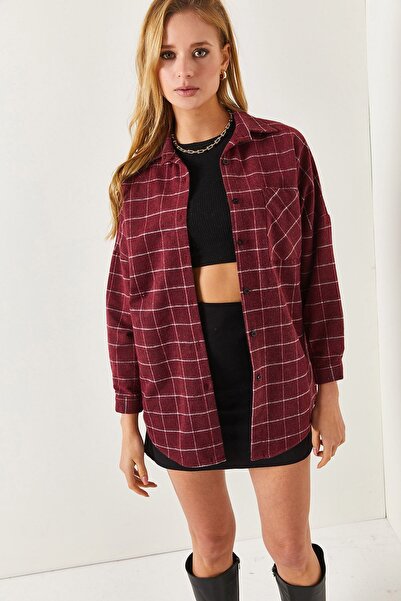 armonika Kadın Bordo Ekose Desen Oversize Gömlek Arm-22y001207